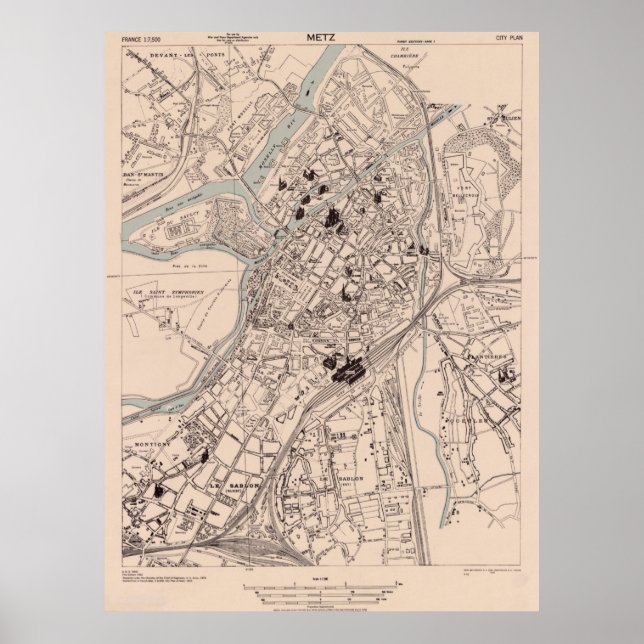 Vintage Karta av Metz Frankrike (1943) Poster (Framsidan)
