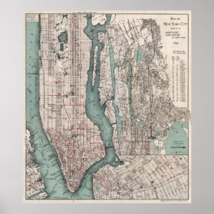 Vintage Karta av New York City (1897) Poster