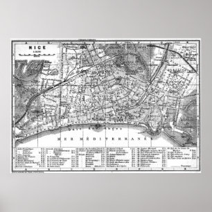 Vintage Karta av Nice-Frankrike (1914) BW Poster