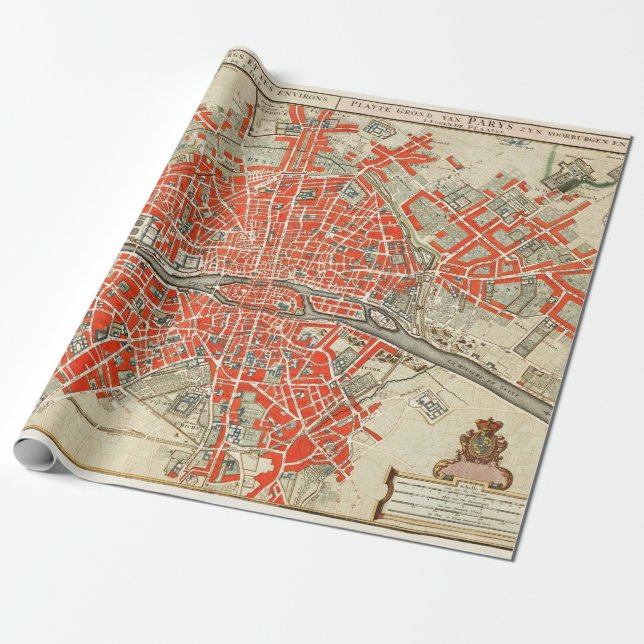 Vintage Karta av Paris Frankrike (1721-1774) Presentpapper (Utrullad)