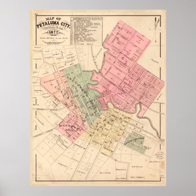 Vintage Karta av Petaluma CA (1877) Poster (Framsidan)