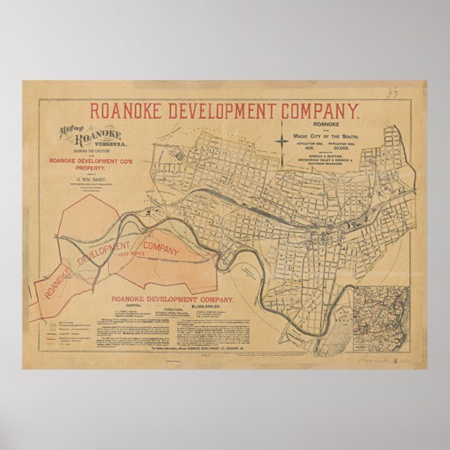 Vintage Karta av Roanoke VA (1890) Poster (Framsidan)