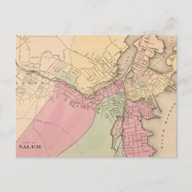 Vintage Karta av Salem Massachusetts (1871) Vykort (Framsida)