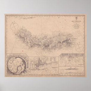Vintage Karta av Sao Miguel Azorerna (1854) Poster