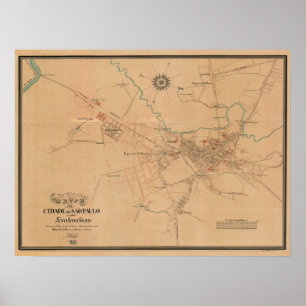 Vintage Karta av Sao Paulo Brasilien (1847) Poster