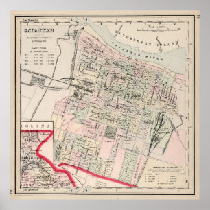 Vintage Karta av Savannah GA (1877) Poster