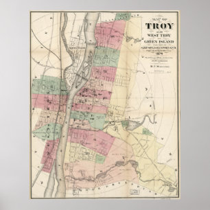 Vintage Karta av Troy NY (1874) Poster