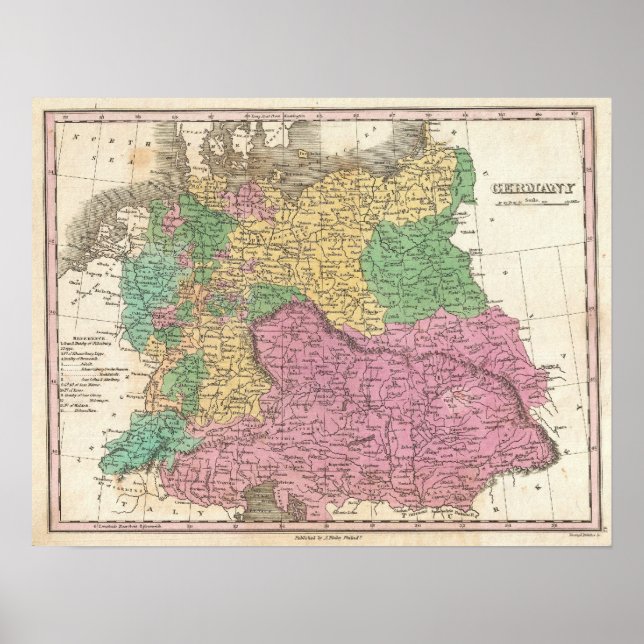 Vintage Karta av Tyskland (1827) Poster (Framsidan)