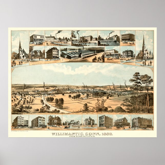 Vintage Karta av Willimantic, CT 1882 Poster (Framsidan)