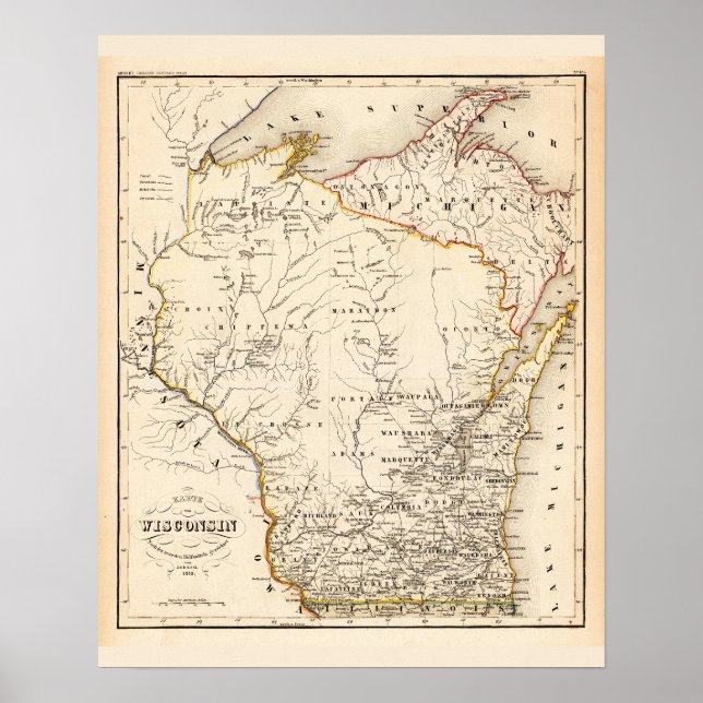 Vintage karta av Wisconsin 1852 Poster (Framsidan)