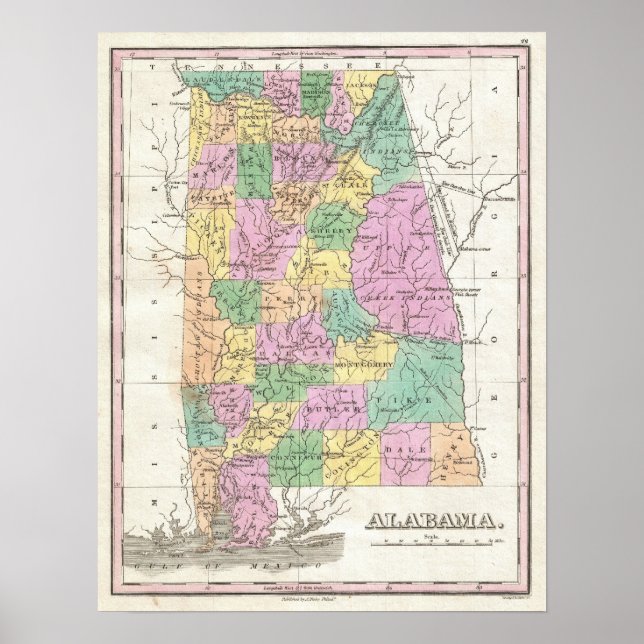 Vintage Karta i Alabama (1827) Poster (Framsidan)
