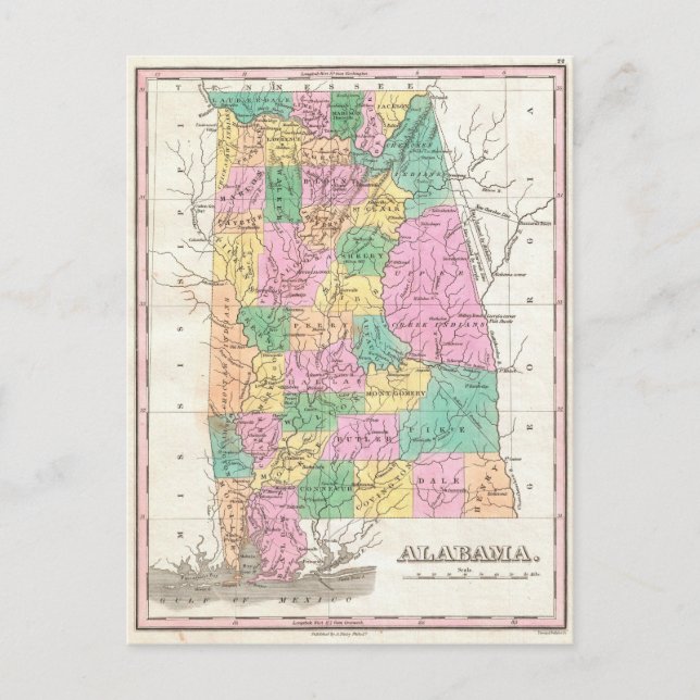 Vintage Karta i Alabama (1827) Vykort (Framsida)