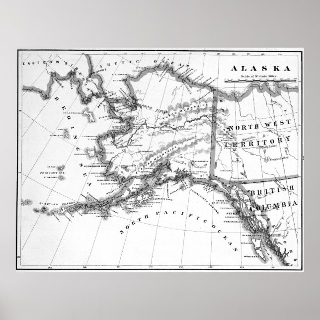 Vintage Karta i Alaska (1883) BW Poster (Framsidan)
