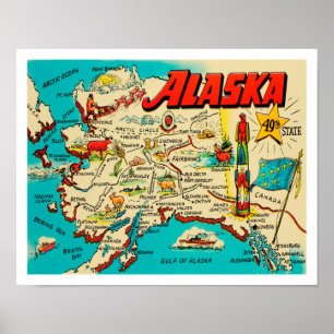 Vintage karta i Alaska i färger i roligt Poster