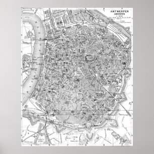 Vintage Karta i Antwerpen Belgium (1905) BW Poster
