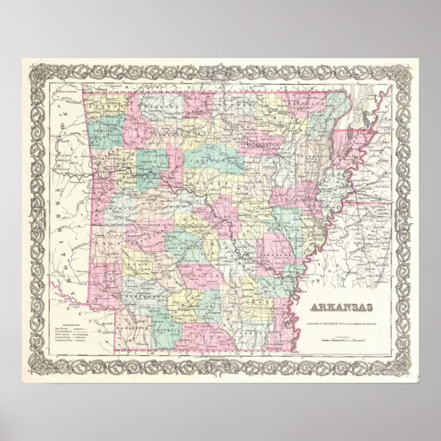 Vintage Karta i Arkansas (1855) Poster (Framsidan)