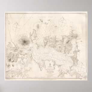Vintage Karta i Auckland Harbour Nya Zeeland (1857 Poster