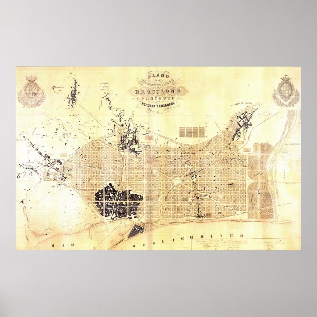 Vintage Karta i Barcelona Spanien (1859) Poster (Framsidan)