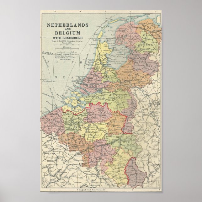 Vintage Karta i Belgien, Luxemburg och Nederländer Poster (Framsidan)