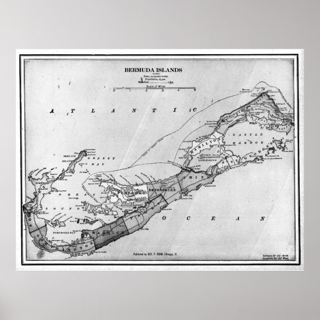 Vintage Karta i Bermuda (1901) BW Poster (Framsidan)