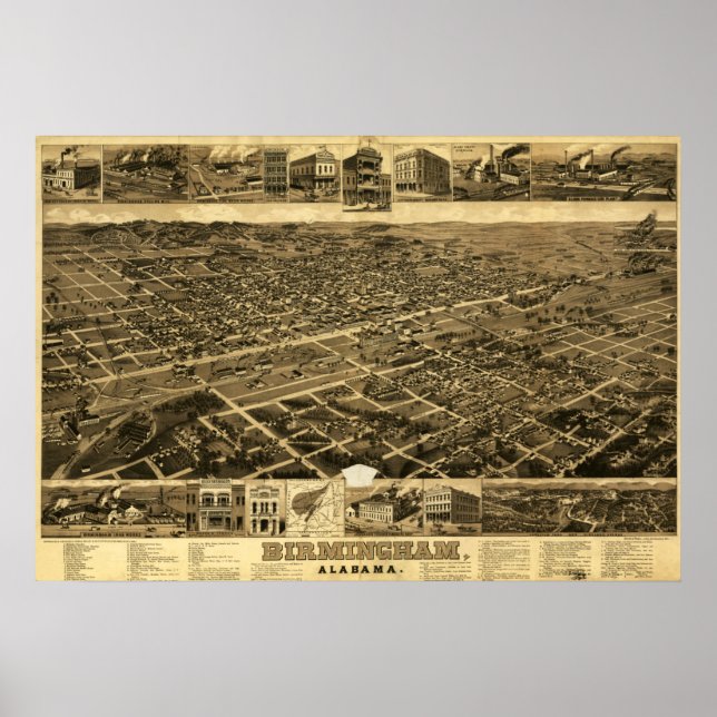 Vintage Karta i Birmingham, Alabama (1885) Poster (Framsidan)