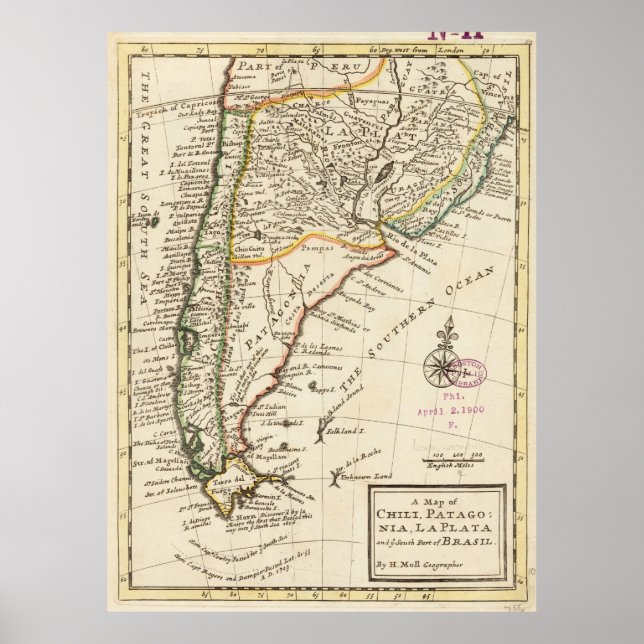 Vintage Karta i Chile och Argentina (1732) Poster (Framsidan)