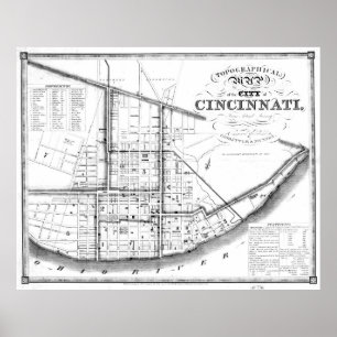 Vintage Karta i Cincinnati Ohio (1841) BW Poster