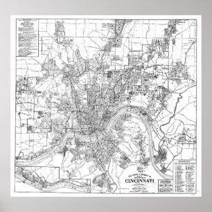 Vintage Karta i Cincinnati Ohio (1915) BW Poster