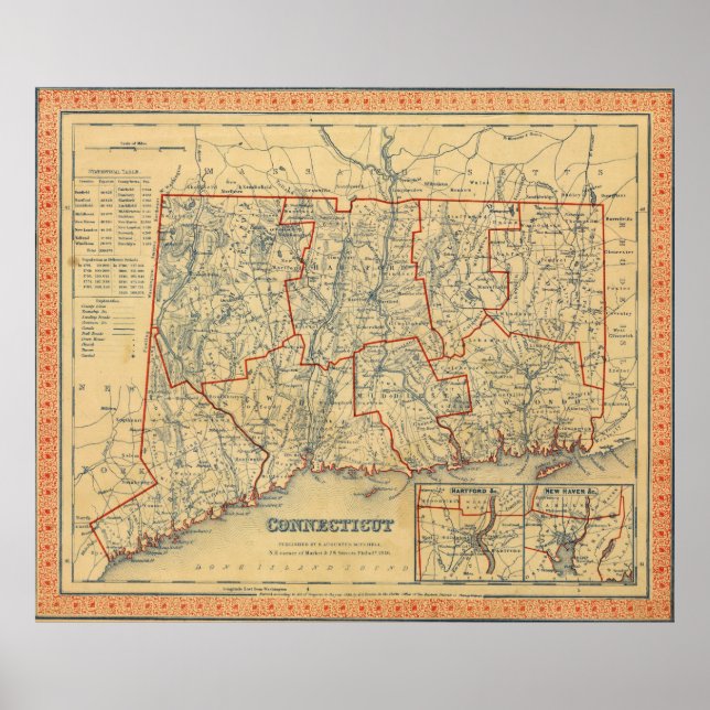 Vintage Karta i Connecticut (1846) Poster (Framsidan)