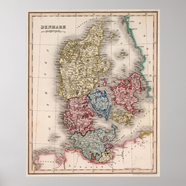 Vintage Karta i Danmark (1838) Poster (Framsidan)