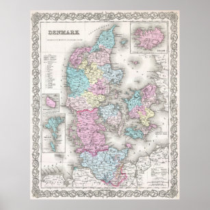 Vintage Karta i Danmark (1855) Poster