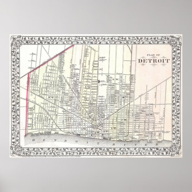 Vintage Karta i Detroit Michigan (1872) Poster (Framsidan)