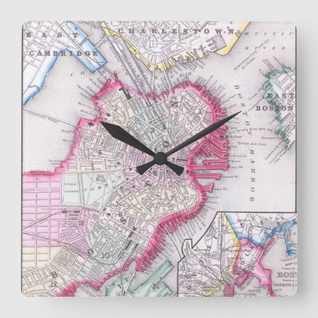 Vintage Karta i Downtown Boston (1864) Fyrkantig Klocka (Framsida)