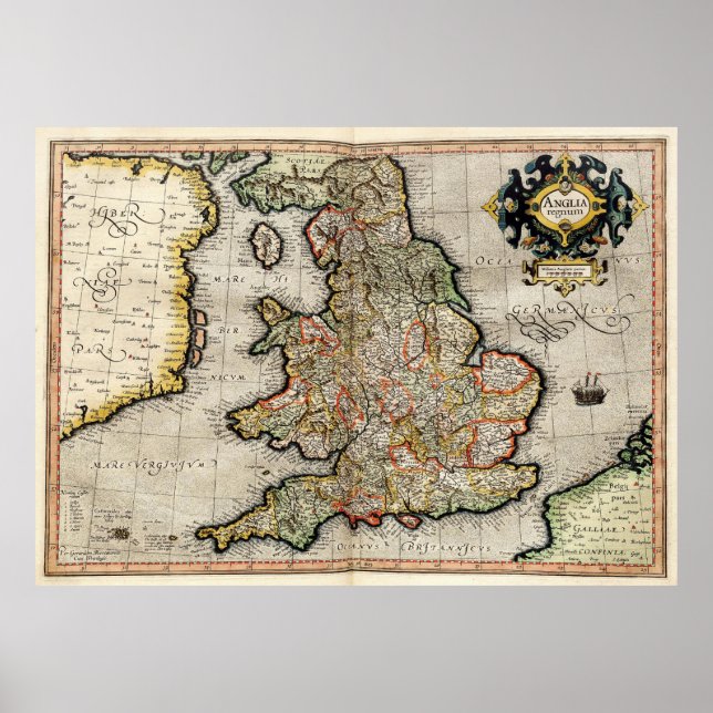 Vintage Karta i England (1596) Poster (Framsidan)