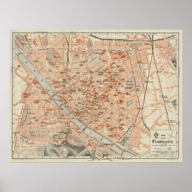 Vintage Karta i Florens Italien (1895) Poster (Framsidan)