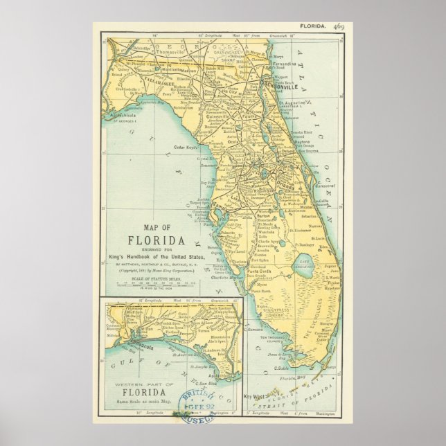 Vintage Karta i Florida (1891) Poster (Framsidan)