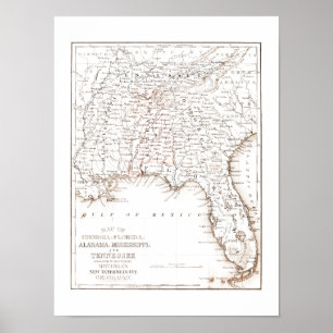 Vintage Karta i Florida Alabama Georgia Mississipp Poster