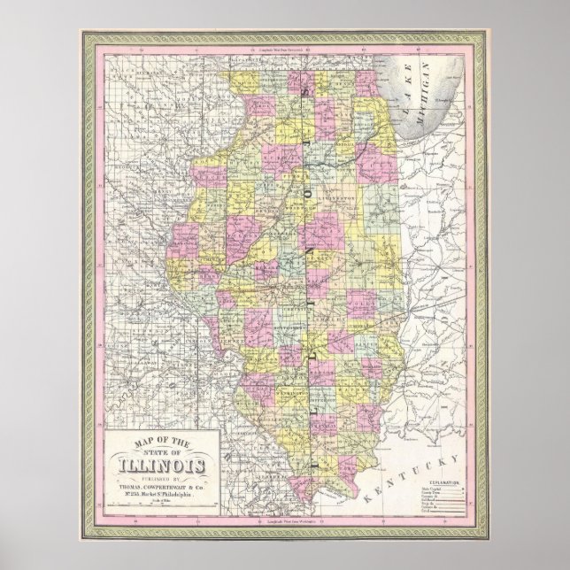 Vintage Karta i Illinois (1850) Poster (Framsidan)