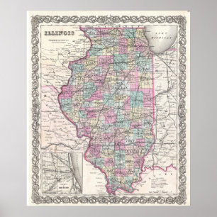 Vintage Karta i Illinois (1855) Poster