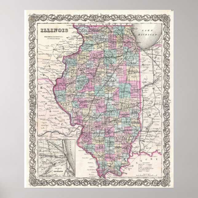 Vintage Karta i Illinois (1855) Poster (Framsidan)