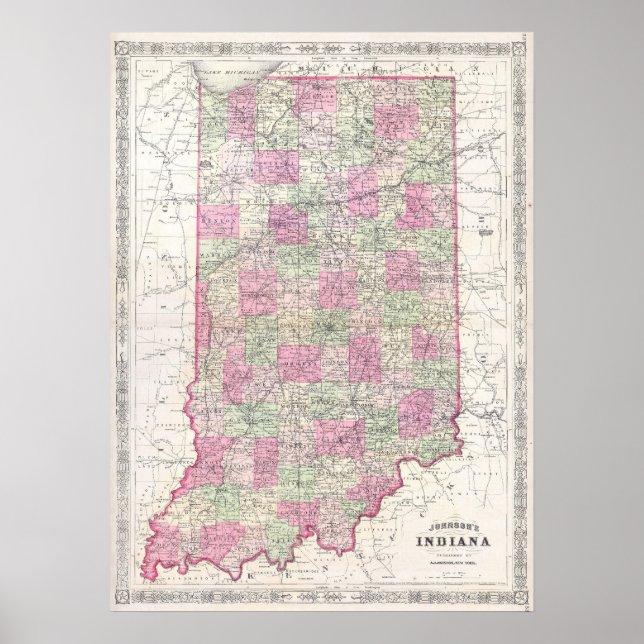 Vintage Karta i Indiana (1864) Poster (Framsidan)