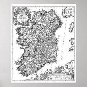 Vintage Karta i Irland (1716) BW Poster