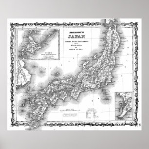 Vintage Karta i Japan (1855) BW Poster