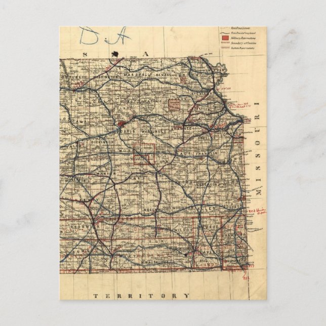 Vintage Karta i Kansas (1884) Vykort (Framsida)