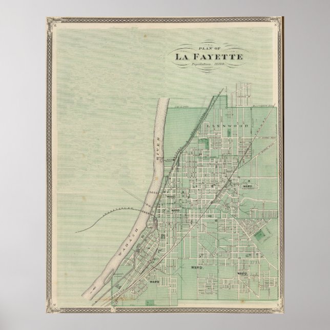 Vintage Karta i Lafayette Indiana (1876) Poster (Framsidan)