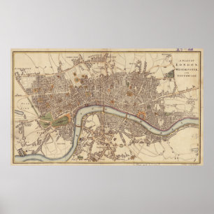 Vintage Karta i London England (1807) Poster