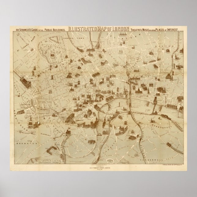 Vintage Karta i London England Monuments (1877) Poster (Framsidan)