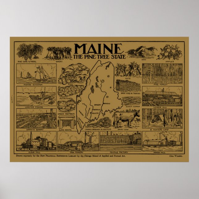 Vintage Karta i Maine (1912) - Tan Poster (Framsidan)