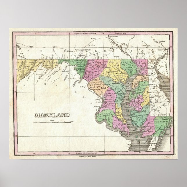 Vintage Karta i Maryland (1827) Poster (Framsidan)