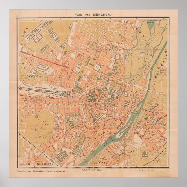 Vintage Karta i München Tyskland (1890) Poster (Framsidan)